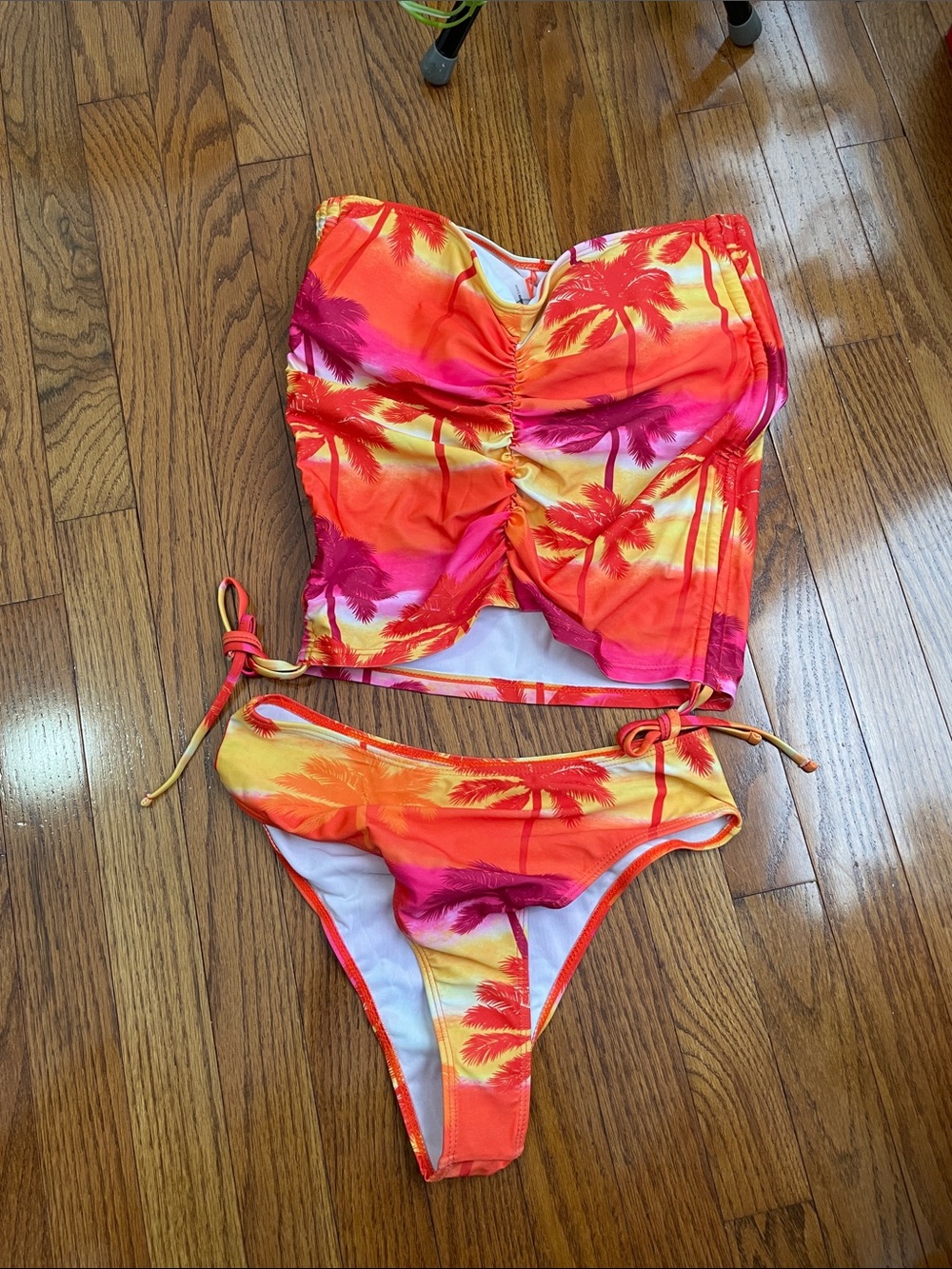 Fashion Nova Tropical Ruched Bandeau Bikini โ Orange Pink Yellow